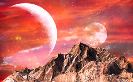 Rock mountain with red sky and twin moons as background for science fiction conceptの写真素材