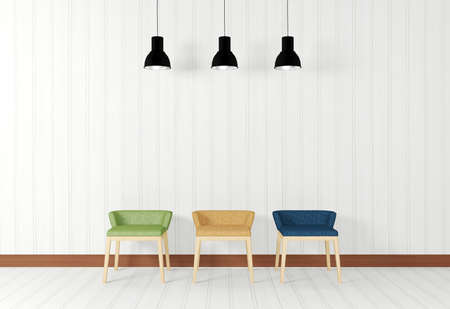 White room interior in simple and minimal style with ceiling lamps and colorful chairsの写真素材