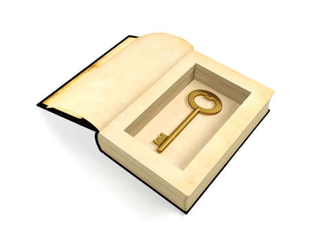 Opened ancient paper book with retro golden key hidden inside, secrecy conceptの写真素材