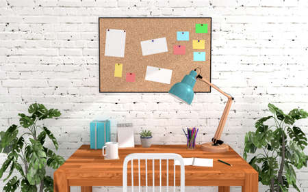 Home office room interior in modern and loft decoration with cork board and blank memo paper, study or working desk and table lampの写真素材
