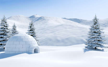 Igloo in snowfield with snowy mountain and pine tree covered with snow, Arctic landscape sceneの写真素材