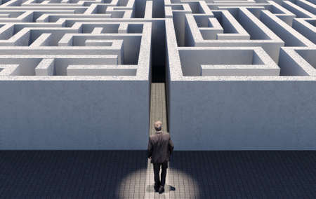 Business man walking to challenge an endless maze, conceptual image representing business strategy, complex problem encounter and find solutionの写真素材