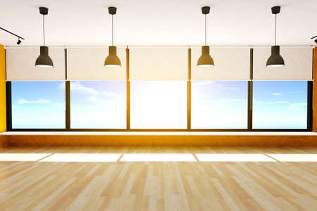 Empty room and parquet floor with large windows and ceiling lamps, 3D renderingの写真素材