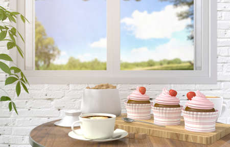 Strawberry cupcake dessert on table with morning coffee in blurred white brick room background, 3D renderingの写真素材