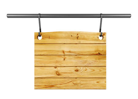 Empty wooden signboard hanging on metal bar isolated on white background, 3D renderingの写真素材