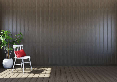 Empty wooden living room interior with living space, white chair and decorative plant, 3D renderingの写真素材