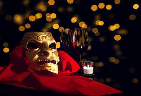 Golden carnival mask and bokeh background, 3D renderingの写真素材