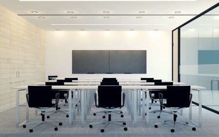 Modern interior of business conference room with blank monitor screen for presentation, 3D renderingの写真素材