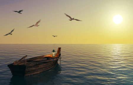Old wooden fishing boat floating over calm sea and sunset sky, 3D renderingの写真素材