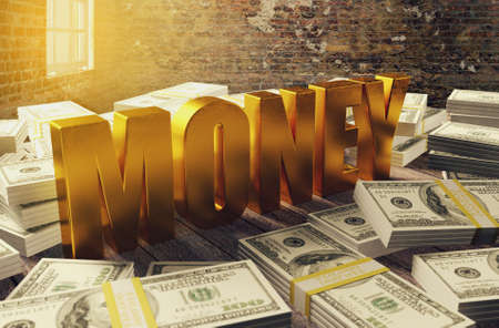 Pile of dollar money with golden money letters, 3D renderingの写真素材