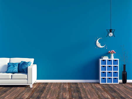 Modern blue living room interior - white leather sofa and blue wall panel with space, 3D rendering