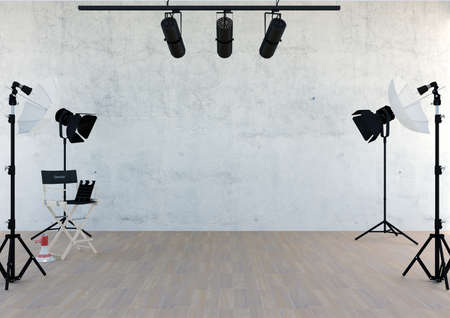 Studio equipment in studio room with empty space, 3D renderingの写真素材
