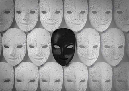 Smiling black mask among white masks, Hypocritical concept, 3d renderingの写真素材