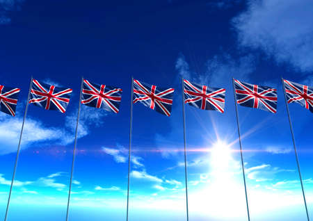 Flags of United Kingdom under blue sky, 3D rendering
