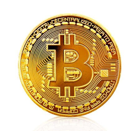 Golden coin with bitcoin symbol isolated on white background, 3D rendering