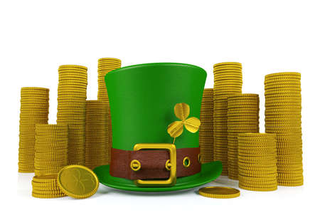 Saint Patrick's Day Leprechaun Hat with Piles of Gold Coins, 3D Renderingの写真素材