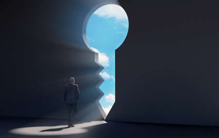 Businessman walking in dark room through key shaped door revealing blue sky for new opportunities, 3D renderingの写真素材