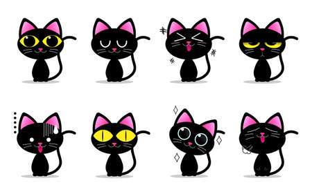 Cute black cat characters with different emotions, vector illustrationのイラスト素材
