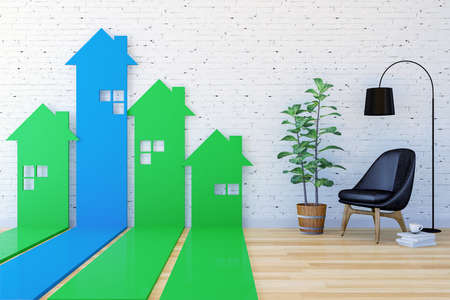 3D House-shaped arrow bar graph go upward in living room indexing Real Estate demand and value, 3D Renderingの写真素材