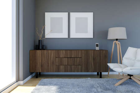 Contemporary living room interior with grey wall and blank photo frames, 3D Renderingの写真素材
