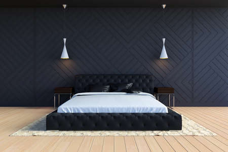 Modern contemporary bedroom interior in black and white color, 3D Rendering