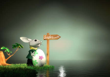 Easter bunny finding the way to Easter party, 3D Rendering