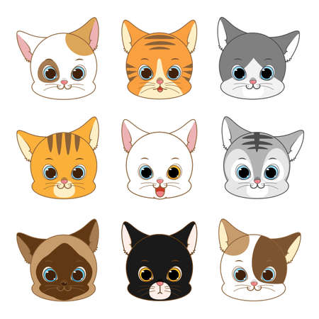 Cute Smiling Cat Head Collection Set, Vector Illustrationのイラスト素材