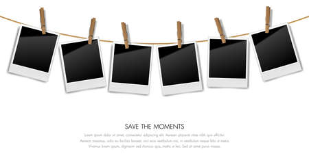 Realistic blank retro photo frames on a rope with wooden clips, Vector illustrationのイラスト素材
