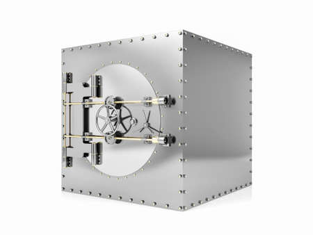 Bank safe deposit box and closed bank vault door, 3D Renderingの写真素材