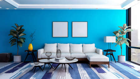Modern and luxury blue living room interior background with blank photo frame for mock up, 3D Renderingの写真素材