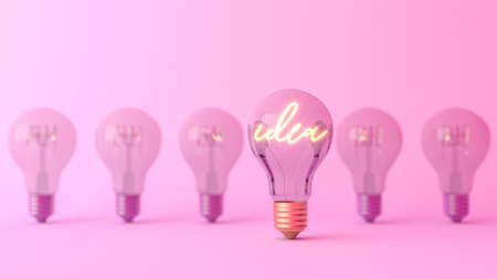 Idea word shining in the light bulb. Creativity and innovation concept, 3D Renderingの写真素材