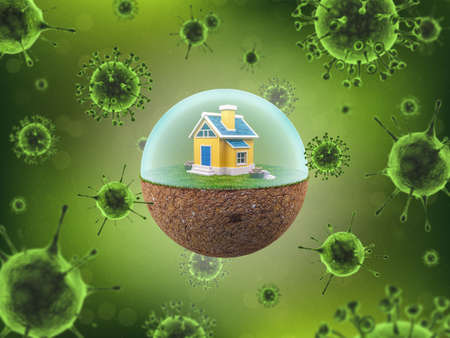 House in a Globe with Barrier to Prevent Coronavirus or Covid-19, Lock Down Concept during...