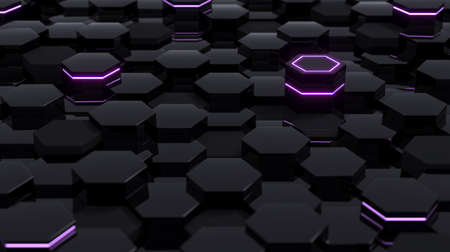 Black abstract futuristic hexagonal background with purple light, 3D renderingの写真素材