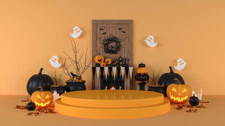 Halloween background concept podium display product promotion, 3d renderingの写真素材