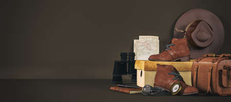 Traveler or adventurer accessories background with copy space, explorer concept, 3d rendering