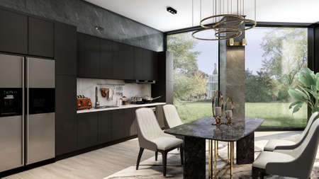 Black modern contemporary stylish kitchen room interior with luxury dining table and large window,...