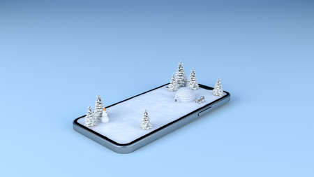 Winter snow field landscape travel destination on mobile phone screen, 3d renderingの写真素材