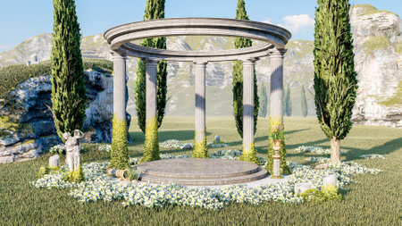 Ancient ruined Greek Roman stone gazebo in meadow and flowerbed with empty stage for mockup, 3d renderingの写真素材