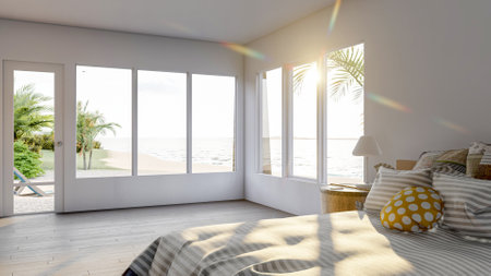 White modern contemporary bedroom interior with large windows and sea view terrace, 3D Renderingの写真素材