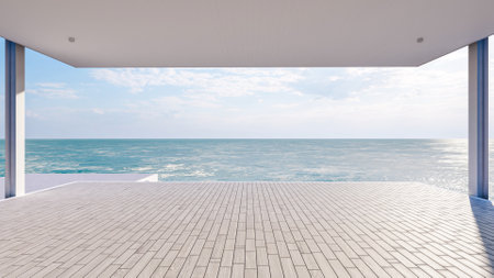 Outdoor seaside wooden balcony deck and beautiful sea view, 3d renderingの写真素材