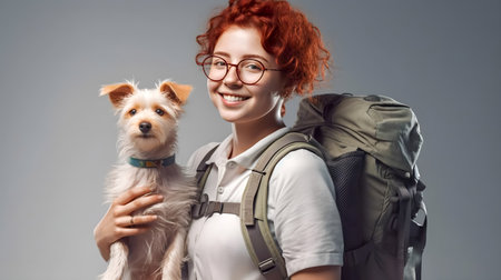 Young red curly hair woman backpacker carrying her shoulder backpack to travel together with her dog, Generative AIの素材