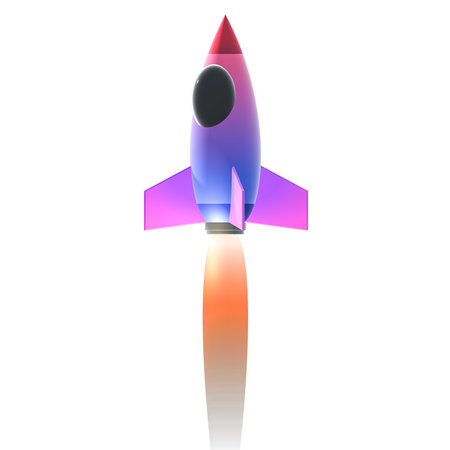 Cartoon rocket spaceship launching isolated on white background, 3d renderingの写真素材