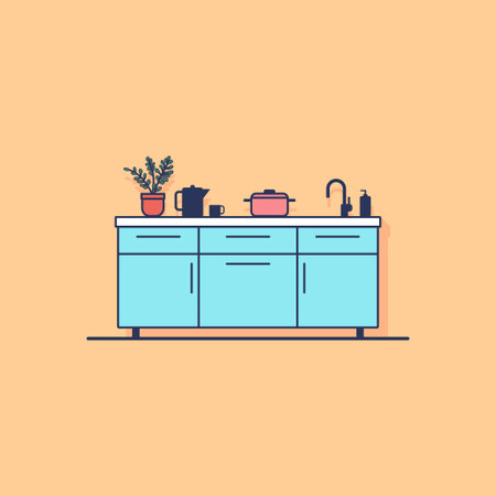 Flat illustration of modern kitchen interior with furniture, appliances and utensils, vector illustrationのイラスト素材