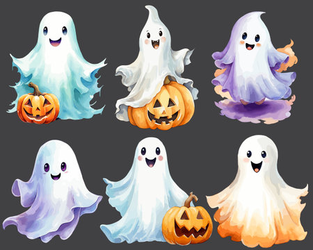 Halloween Ghost watercolor clip art set, vector illustrationのイラスト素材