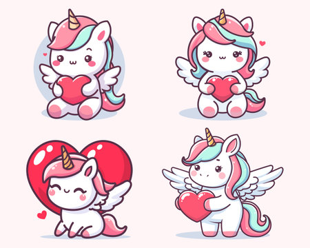 Cute baby unicorn cartoon holding heart, vector illustrationのイラスト素材
