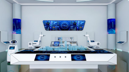 Futuristic Sci-Fi Hallway Interior with Hologram table, Smart Robot and Monitor Screen on Wall, 3D...