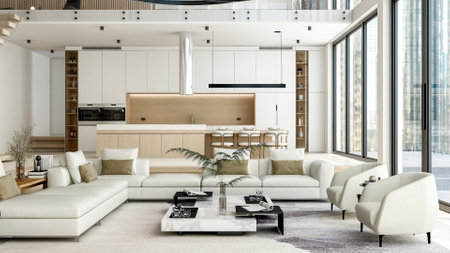 Luxury Modern Loft Interior with Open Space Living Room and Kitchen, 3D Renderingの写真素材