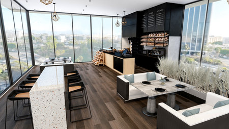 Modern Bakery Shop and Cafe Interior with Bread Display and Coffee Counter, 3d Renderingの写真素材