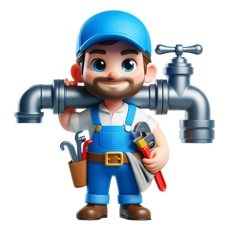 Cartoon Plumber Character Holding Wrench and Pipe Toolの素材