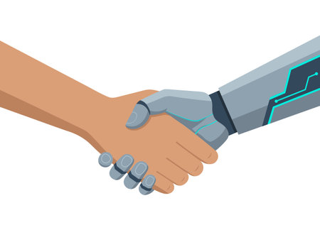 Human and Robot Handshake, Symbol of AI Collaboration and Technology Partnership, Vector Illustrationのイラスト素材